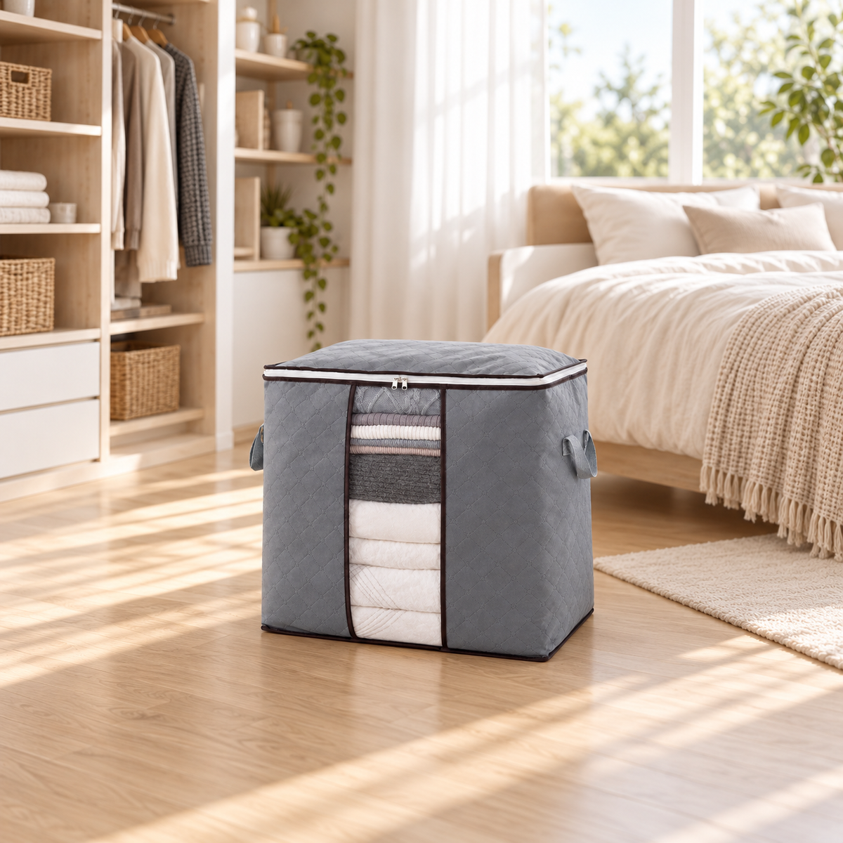 Grey diamond-pattern storage bag with a clear front window and side handles