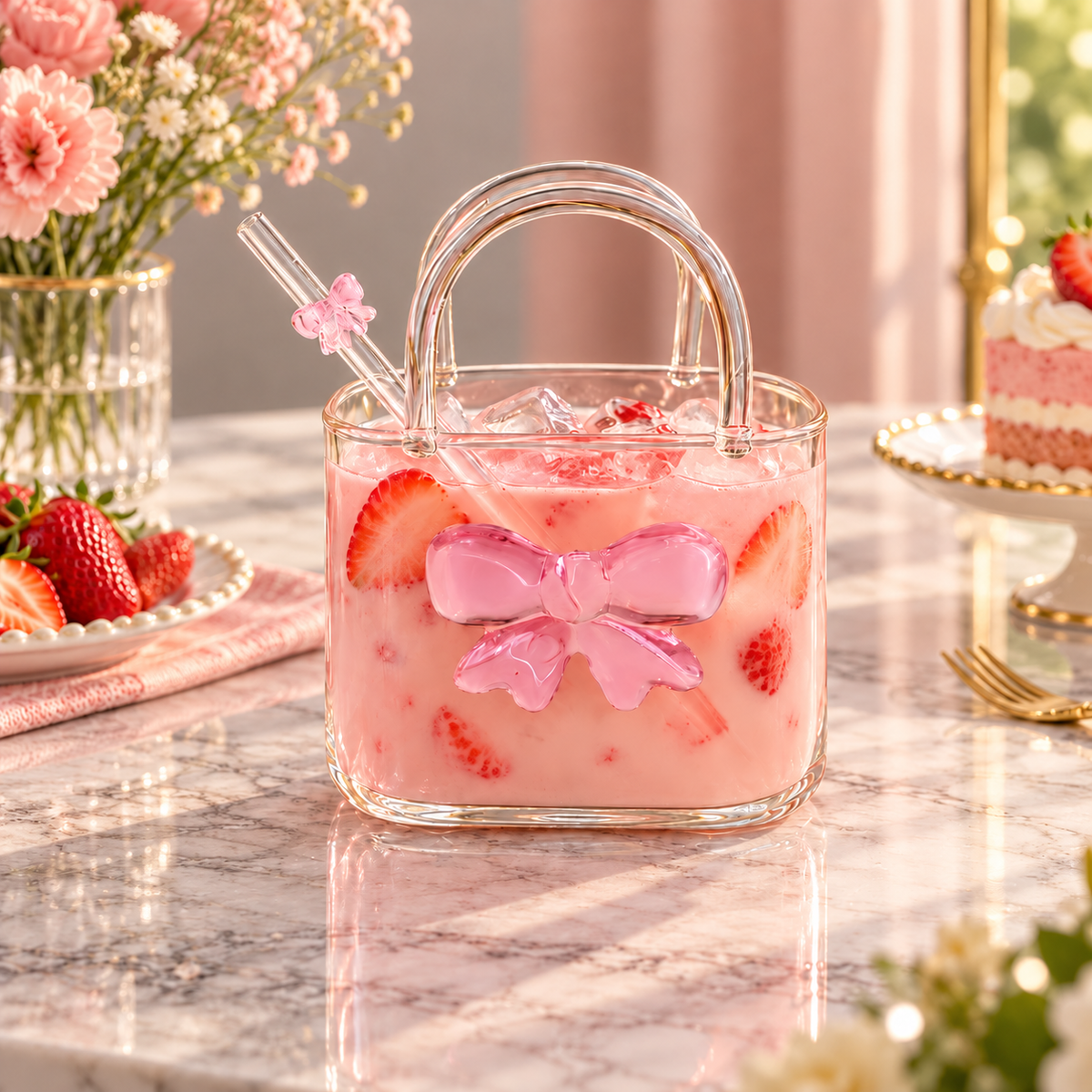Pink bow glass handbag mug with glass straw