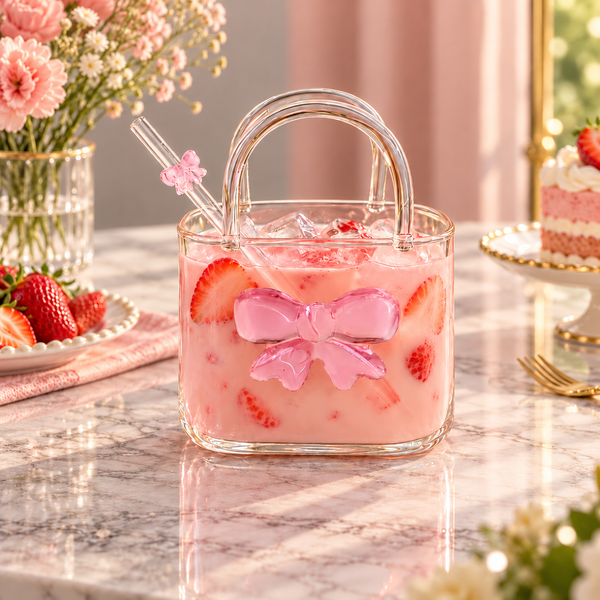 Pink bow glass handbag mug with glass straw