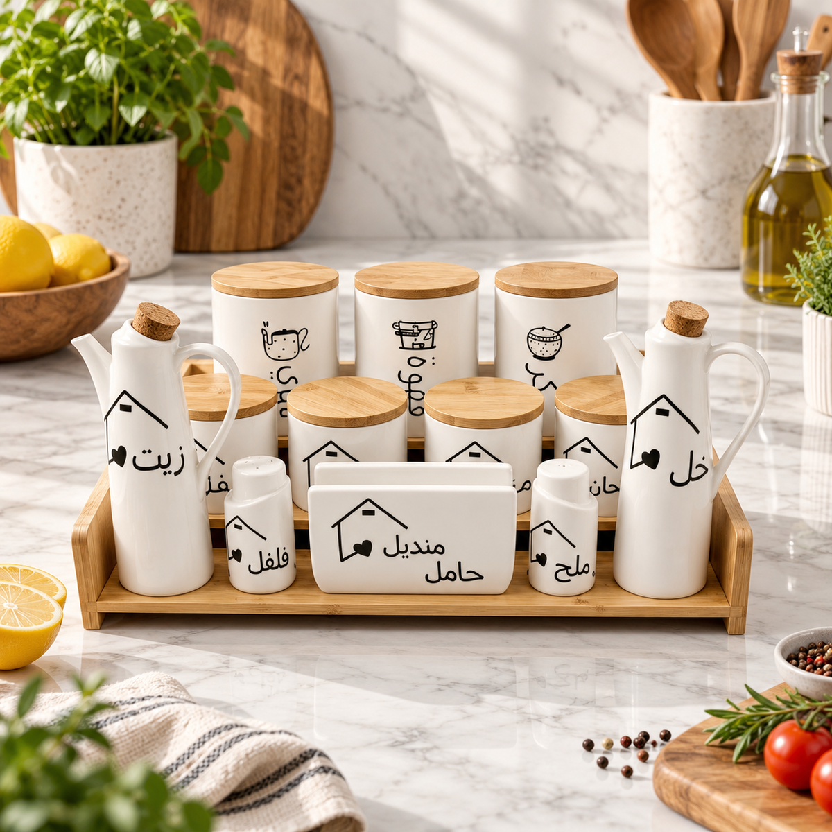 Ceramic Kitchen Storage Jar Set with Bamboo Tray – Arabic Labels – lifestyle