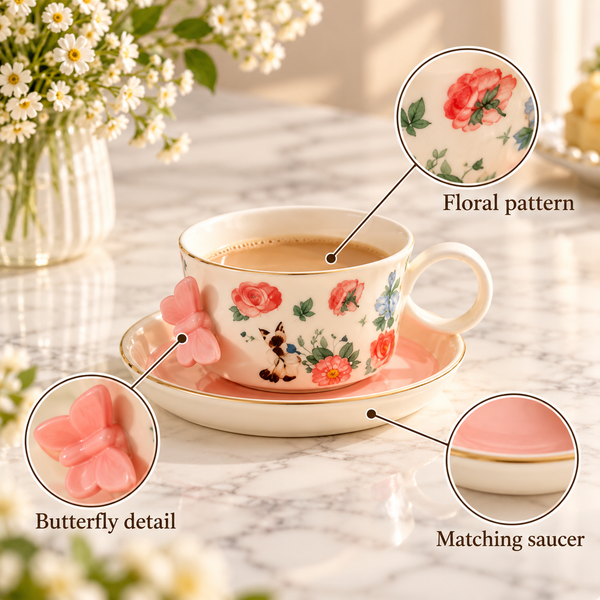 Floral Ceramic Cup and Saucer with Butterfly Detail – infographic