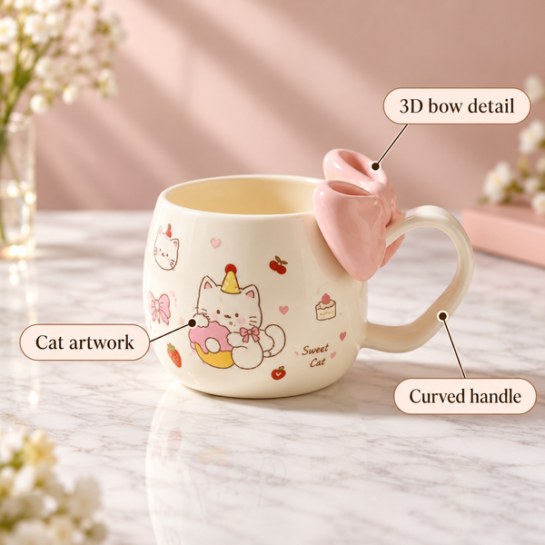 Cartoon Cat Ceramic Coffee Mug with 3D Bow Handle – infographic