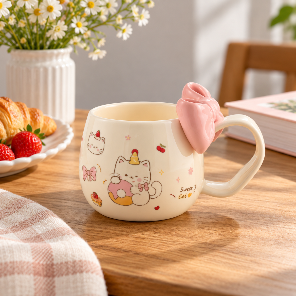 Cartoon Cat Ceramic Coffee Mug with 3D Bow Handle – lifestyle