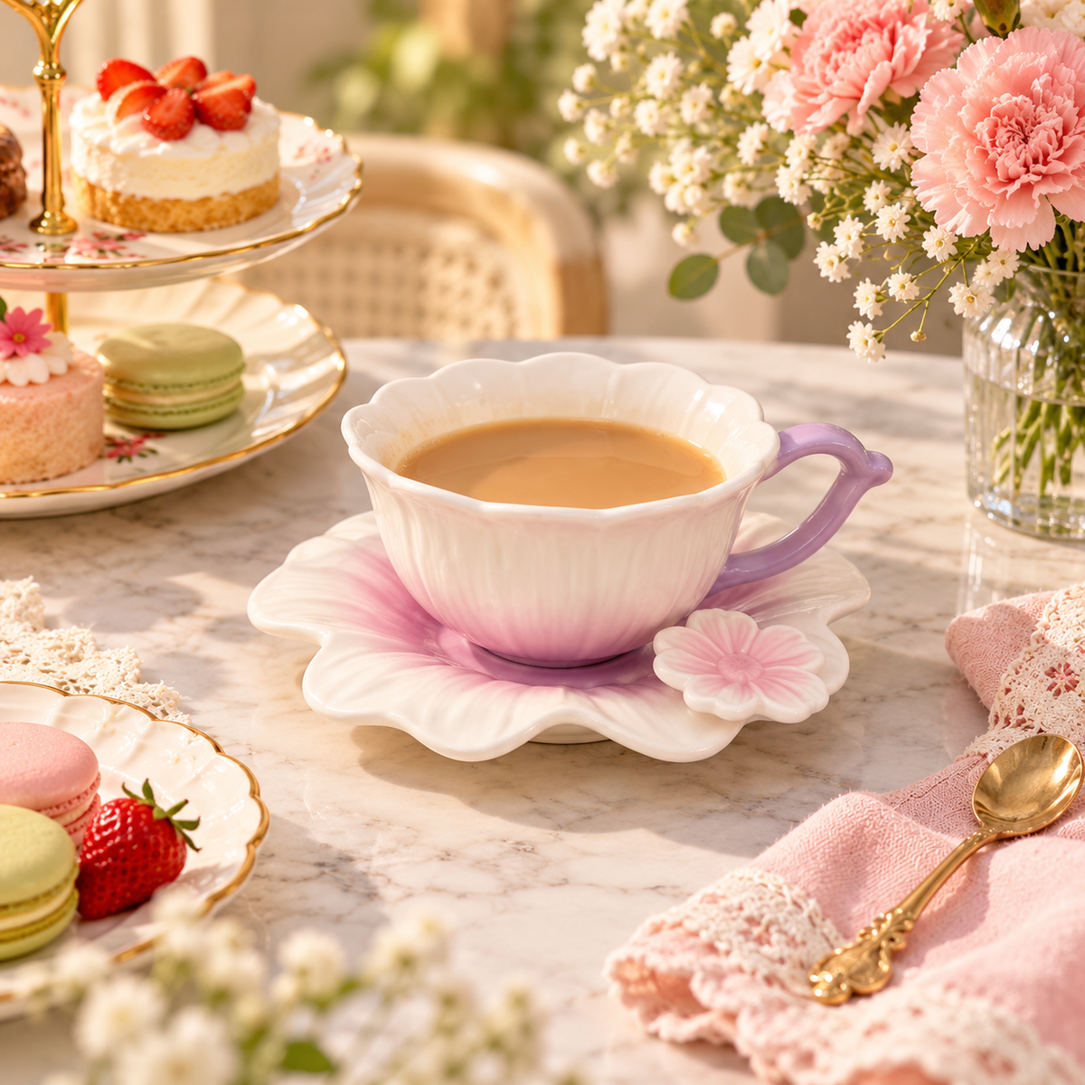 Ceramic Flower Cup and Saucer – Pastel Petal Design – lifestyle