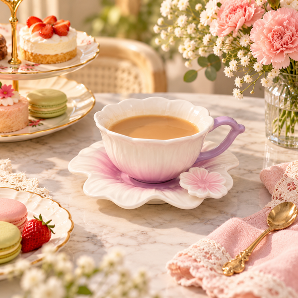 Ceramic Flower Cup and Saucer – Pastel Petal Design – lifestyle