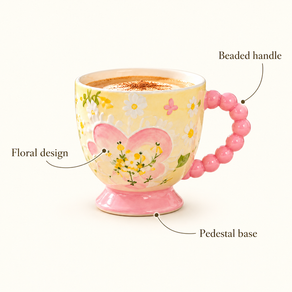 Floral Ceramic Pedestal Coffee Mug with Beaded Handle – infographic