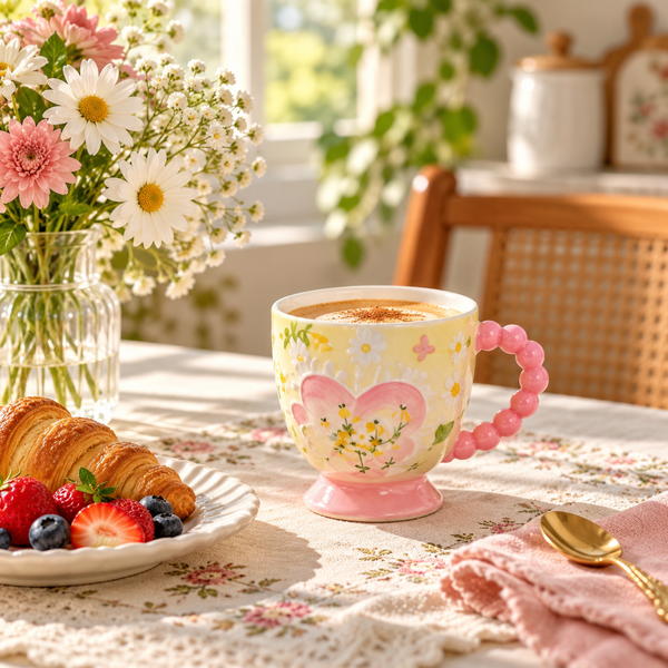 Floral Ceramic Pedestal Coffee Mug with Beaded Handle – lifestyle