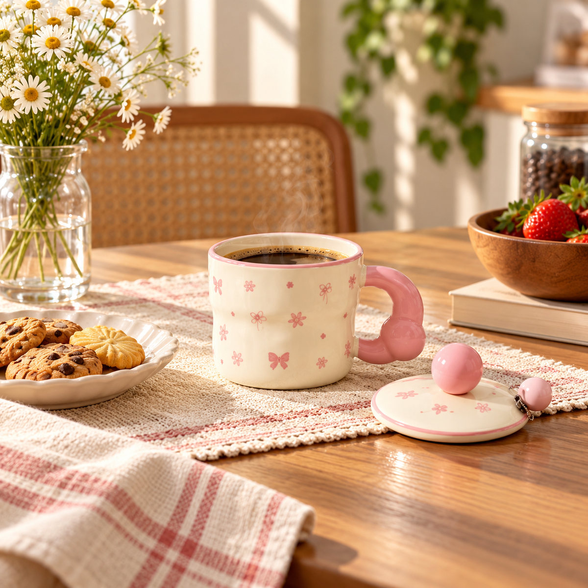 Ceramic Coffee Mug with Ball Knob Lid – Pastel Prints – lifestyle