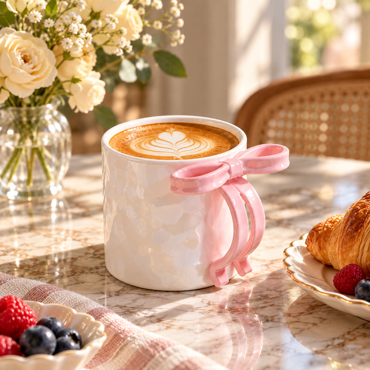 Pearl Glaze Ceramic Coffee Mug with Pink Bow Handle – lifestyle