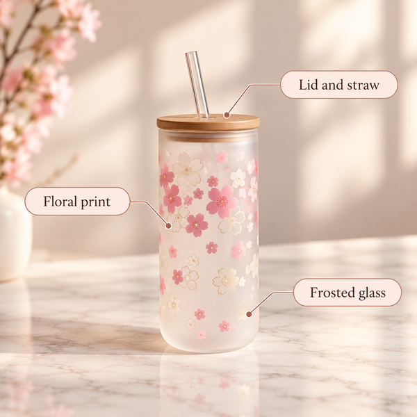 Frosted Floral Glass Tumbler with Lid and Straw – infographic