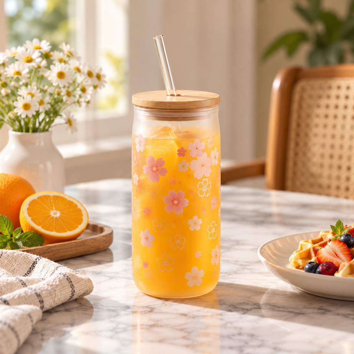 Frosted Floral Glass Tumbler with Lid and Straw – lifestyle