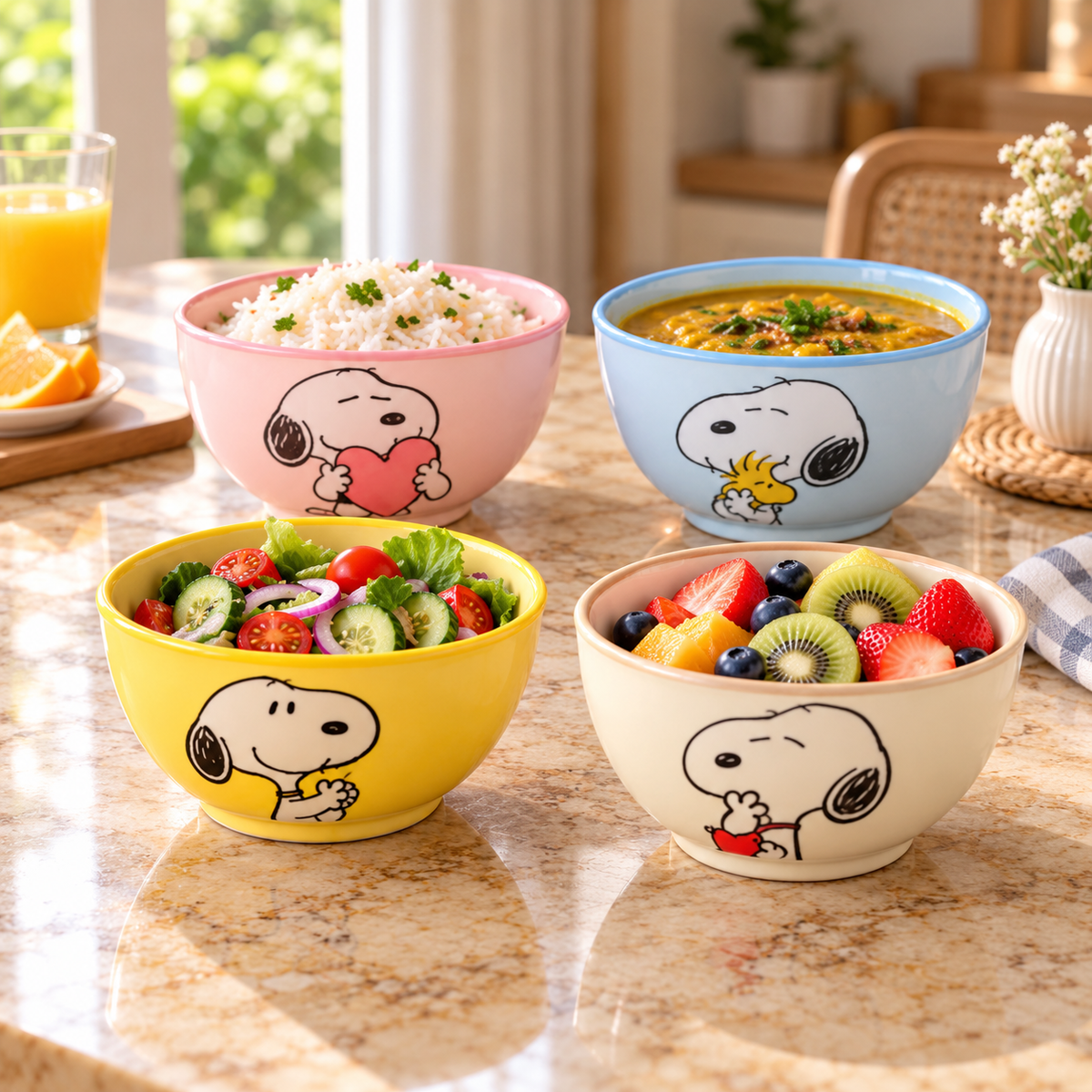 Snoopy Ceramic Bowl Set – 4 Pastel Bowls – lifestyle
