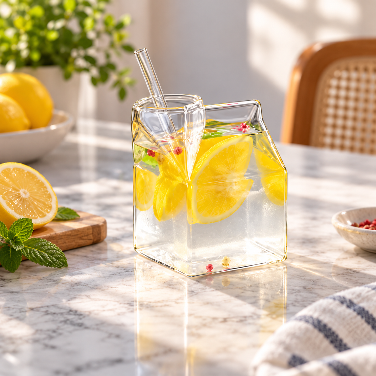 Carton-Shaped Glass Drinking Cup with Straw – lifestyle