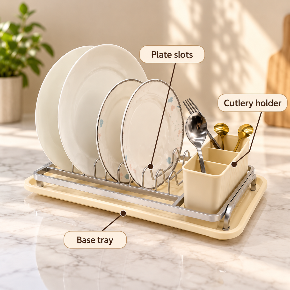 Silver-Tone Countertop Plate Rack with Cutlery Holder – infographic