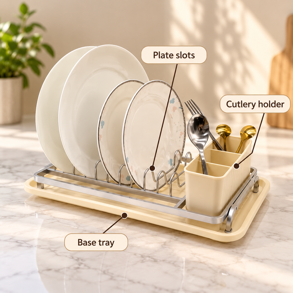 Silver-Tone Countertop Plate Rack with Cutlery Holder – infographic