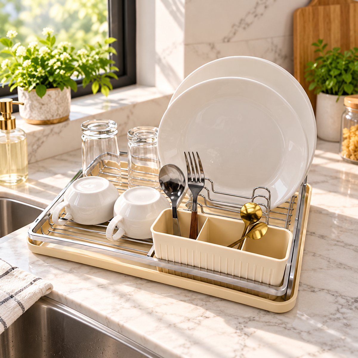 Compact Dish Rack with Utensil Holder – Silver and Cream – lifestyle