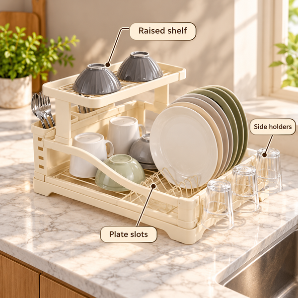 Cream Dish Rack with Raised Cup and Bowl Shelf – infographic