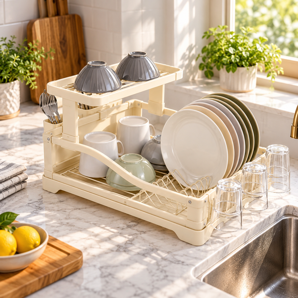 Cream Dish Rack with Raised Cup and Bowl Shelf – lifestyle