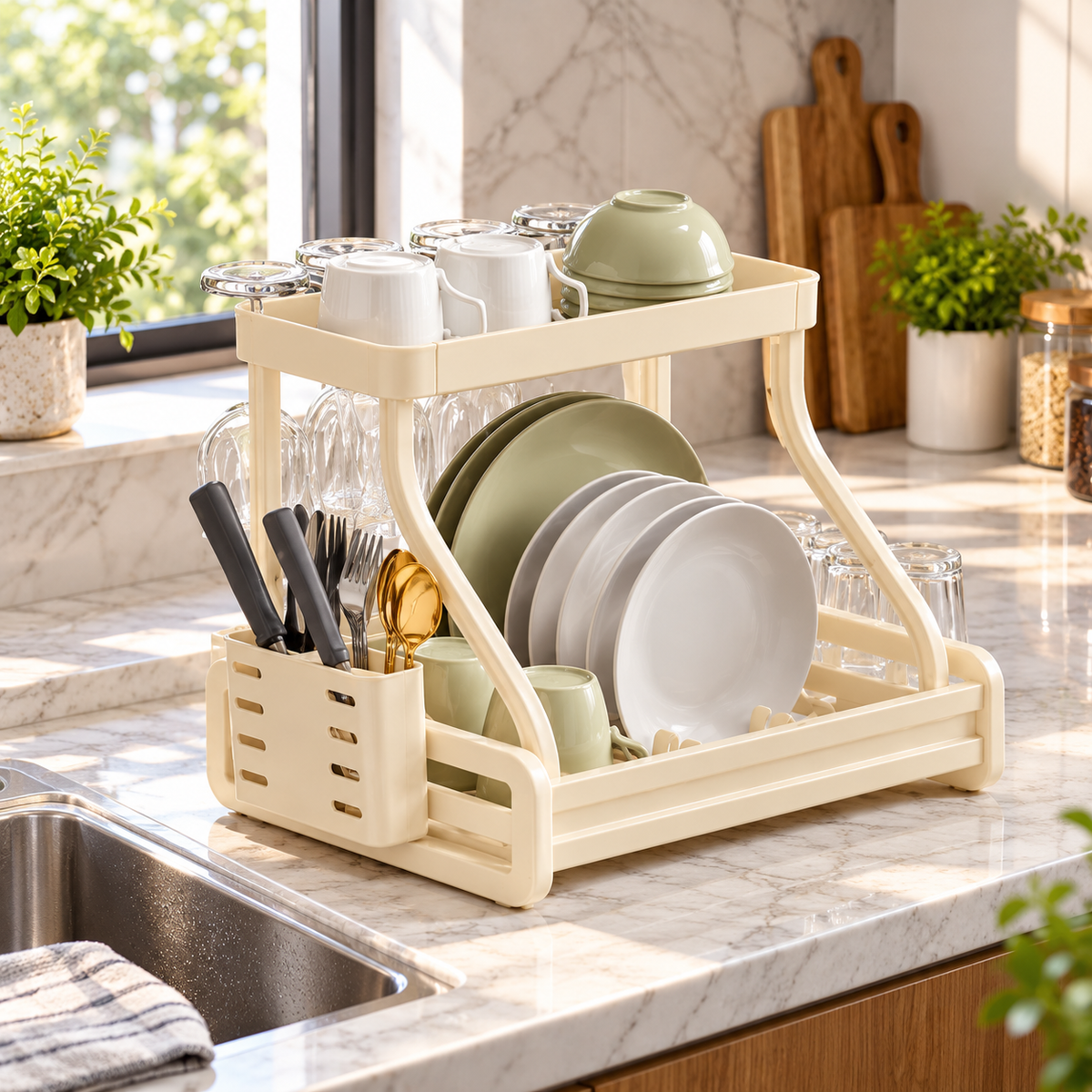 Cream Two-Tier Dish Drying Rack with Utensil Holder – lifestyle