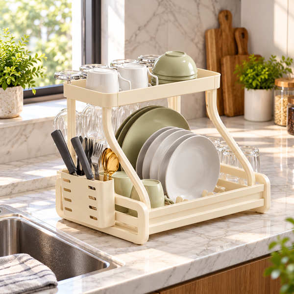 Cream Two-Tier Dish Drying Rack with Utensil Holder – lifestyle