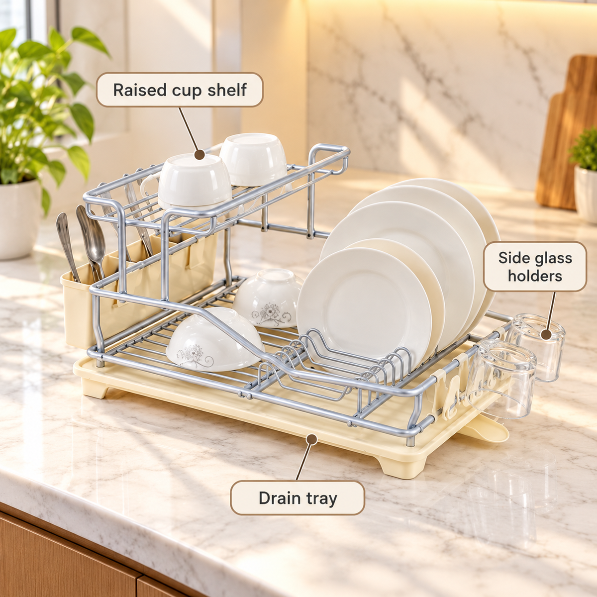 Silver-Tone Dish Rack with Cup Shelf and Drain Tray – infographic