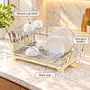 Silver-Tone Dish Rack with Cup Shelf and Drain Tray – infographic