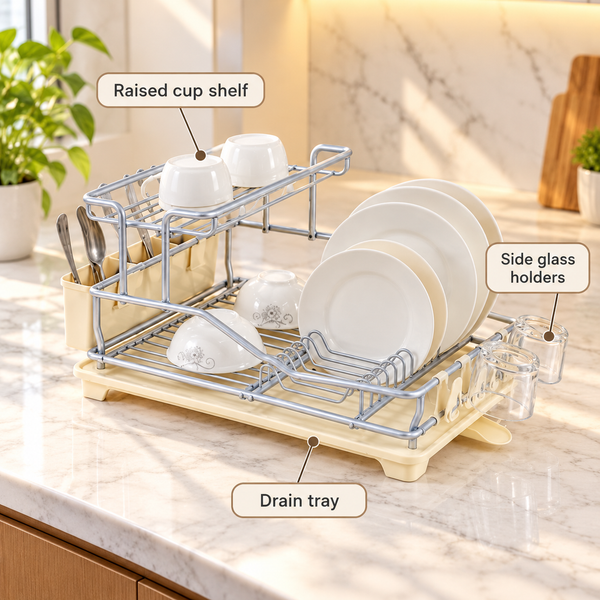 Silver-Tone Dish Rack with Cup Shelf and Drain Tray – infographic
