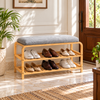 Bamboo Shoe Bench with Two Shelves and Grey Cushion – lifestyle
