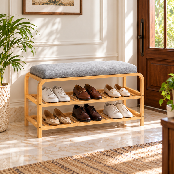 Bamboo Shoe Bench with Two Shelves and Grey Cushion – lifestyle