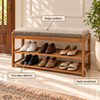 Two-Shelf Shoe Bench – Dark Wood Style and Beige Cushion – infographic