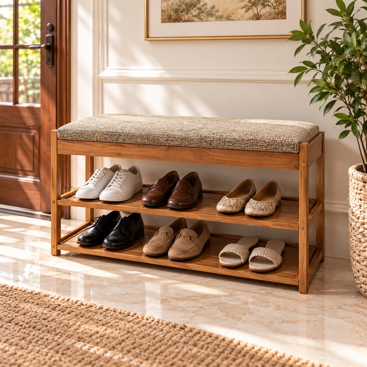 Two-Shelf Shoe Bench – Dark Wood Style and Beige Cushion – lifestyle