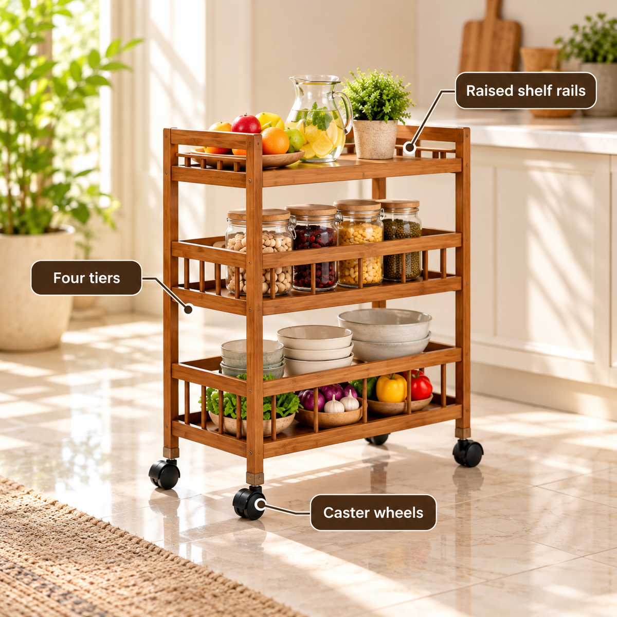 Four-Tier Rolling Storage Trolley – Wood Style – infographic