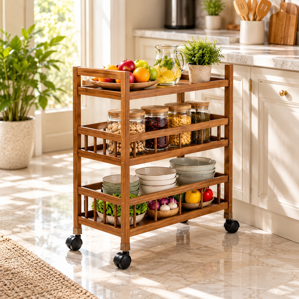 Four-Tier Rolling Storage Trolley – Wood Style – lifestyle