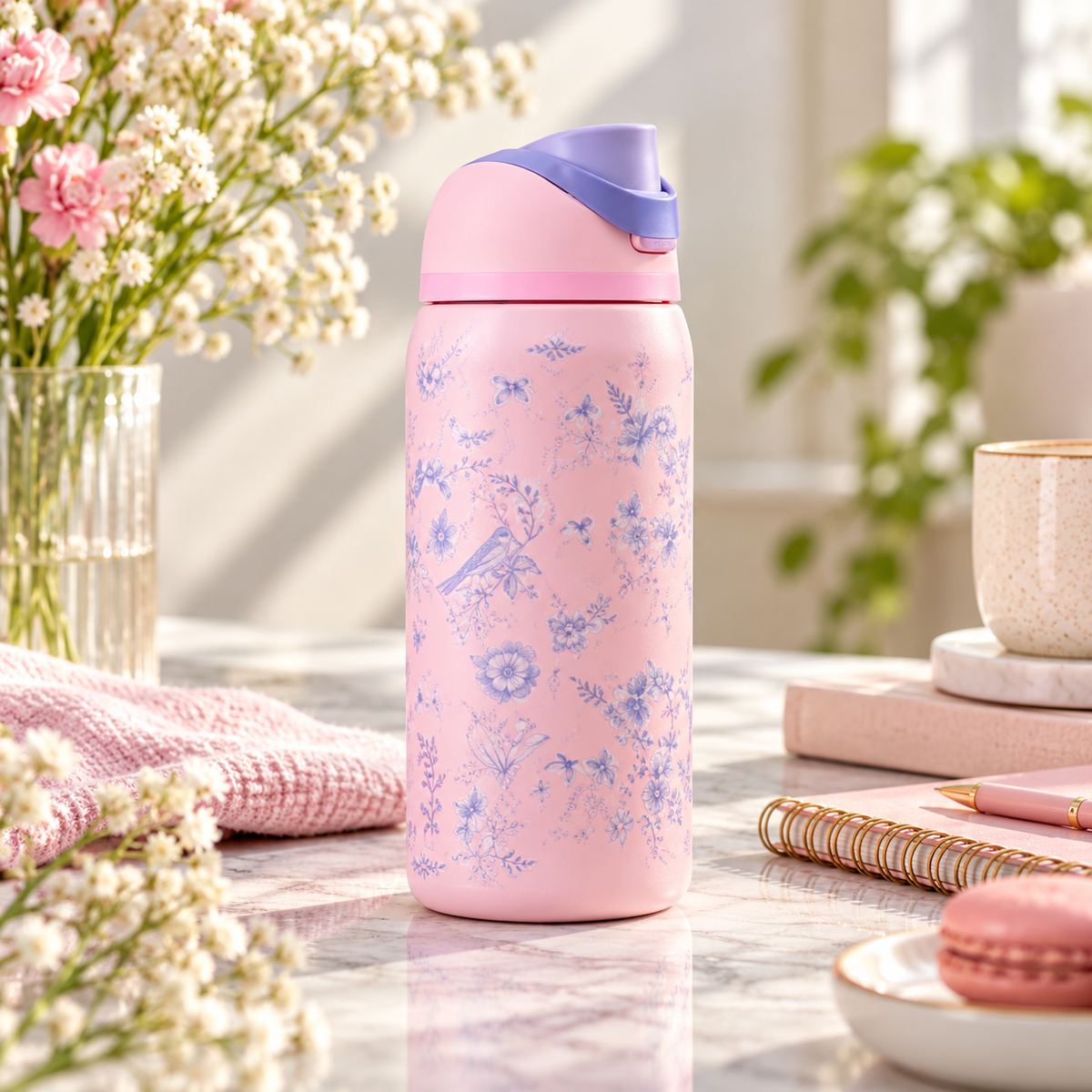 Owala Insulated Steel Water Bottle – Pink Floral – lifestyle