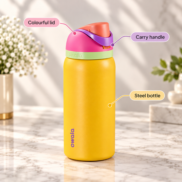Owala Insulated Steel Water Bottle – Yellow with Colourful Lid – infographic