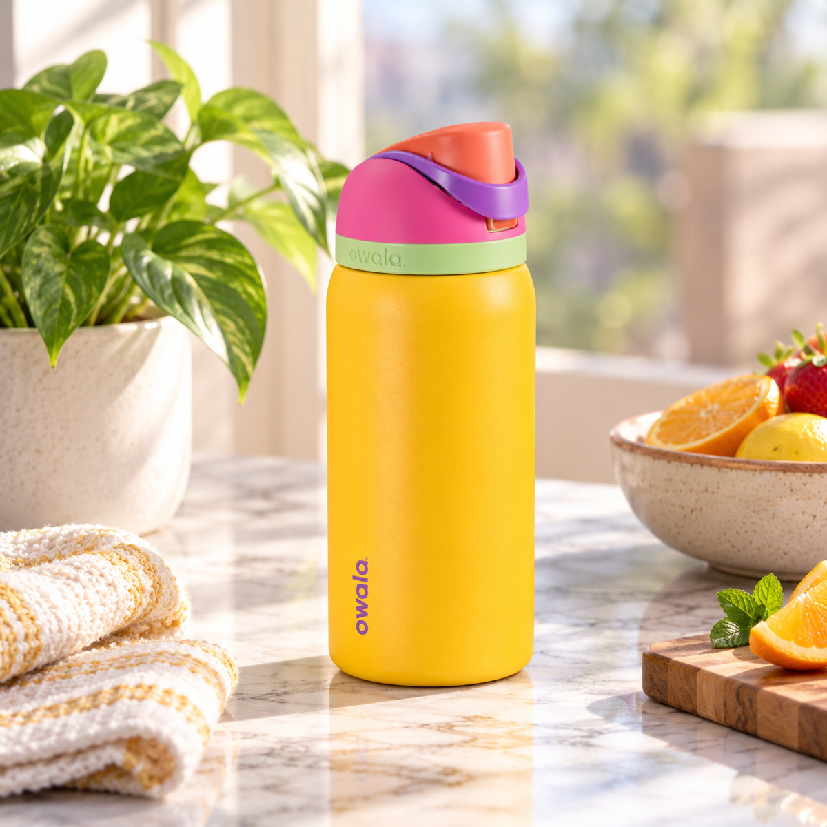 Owala Insulated Steel Water Bottle – Yellow with Colourful Lid – lifestyle
