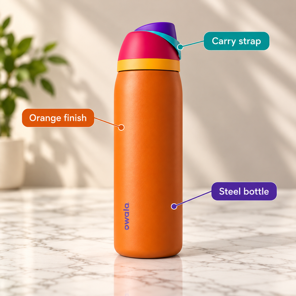 Owala Insulated Steel Water Bottle with Carry Strap – Orange – infographic