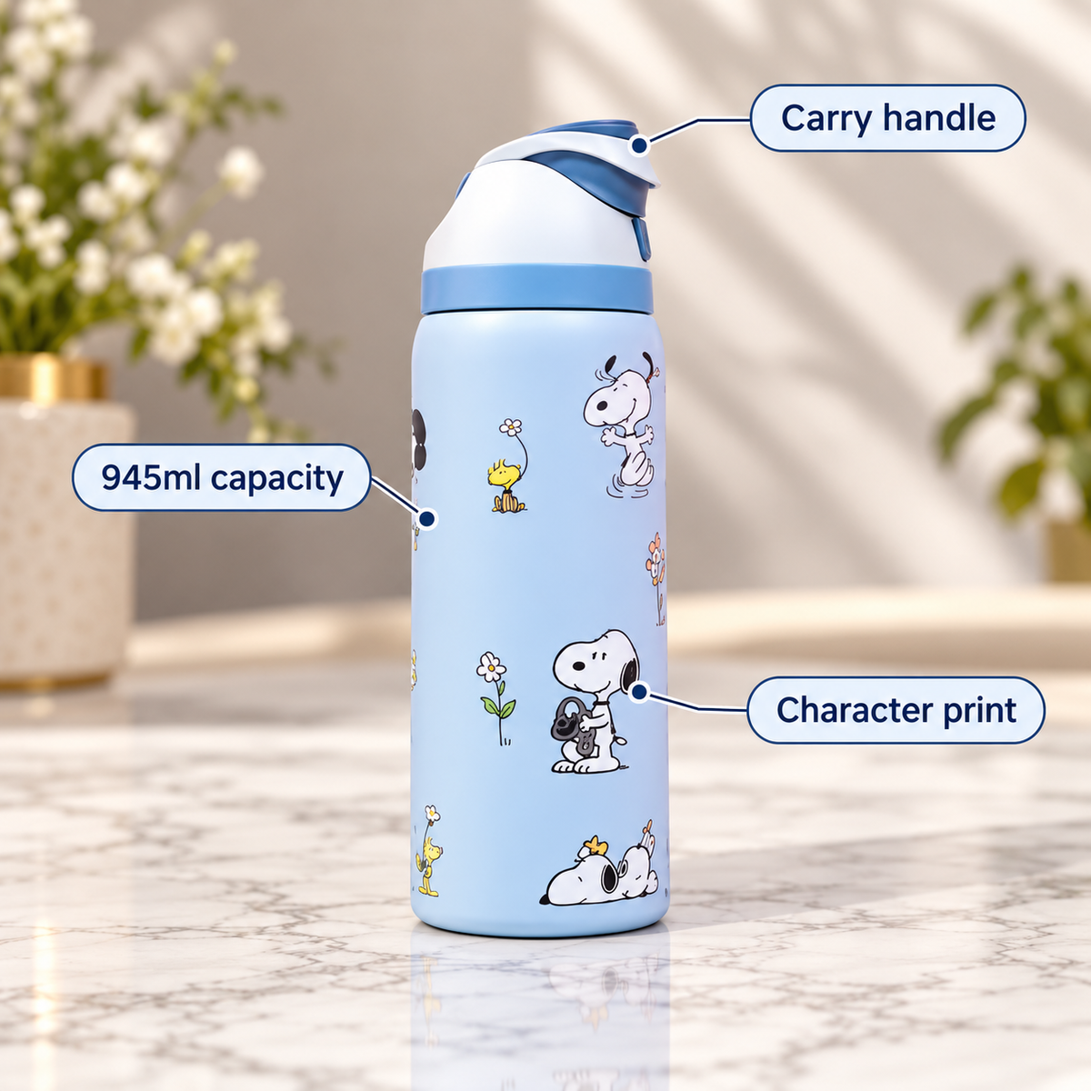 945ml Insulated Steel Water Bottle – Pastel Snoopy Print – infographic