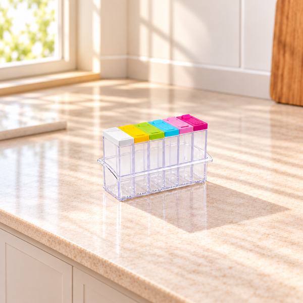Six empty clear spice jars with colourful flip-top lids in a clear rack