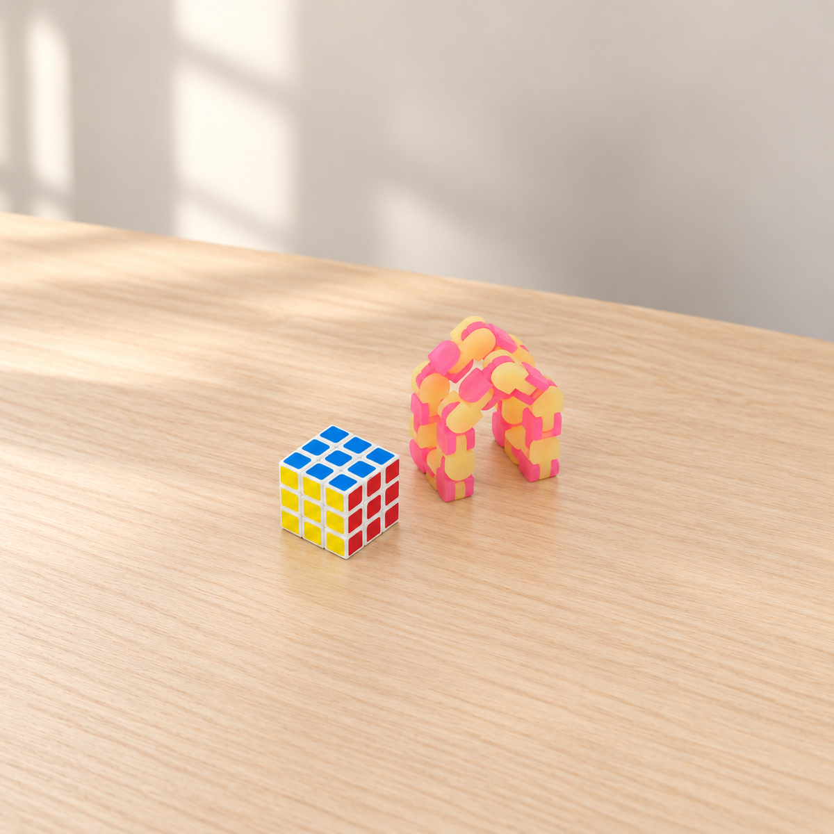 White-framed turning cube and pink-yellow articulated puzzle toy on a wooden desk