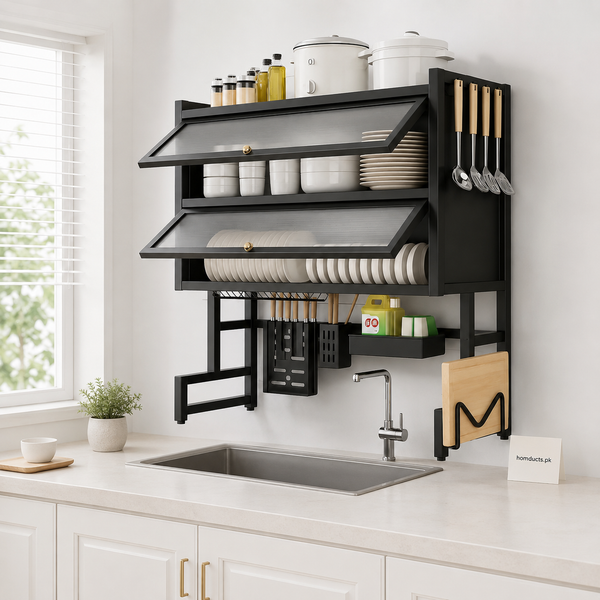 Wall-Mounted Kitchen Dish Rack with Storage Shelf, Knife Holder, and Utensil Organizer - Over Sink Space Saver | Homducts.pk