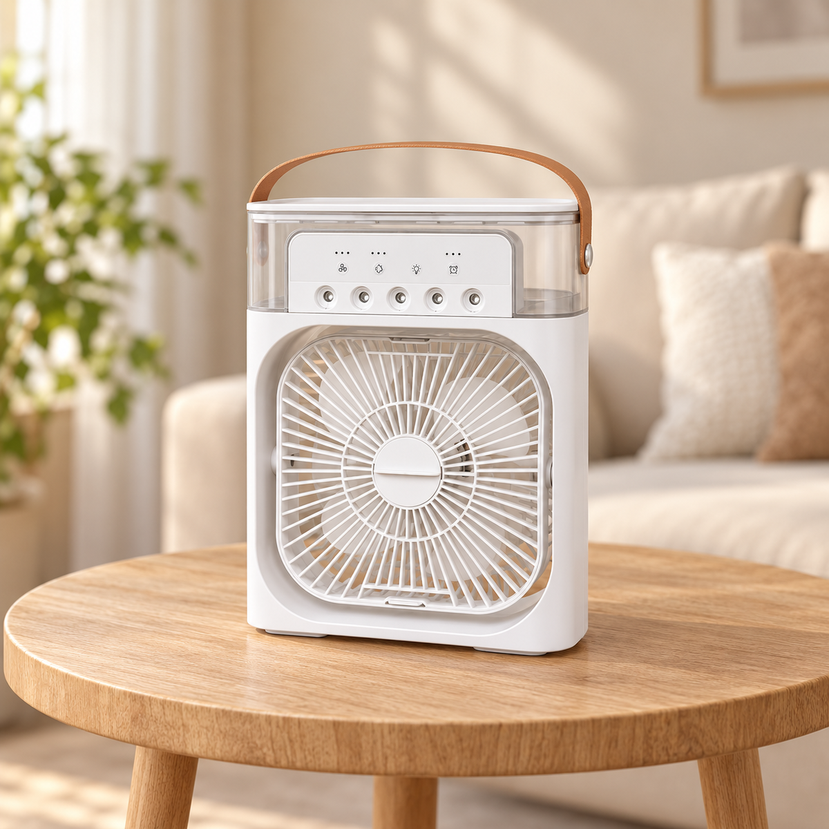White misting fan with five nozzles, clear upper tank and brown carrying strap