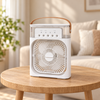 White misting fan with five nozzles, clear upper tank and brown carrying strap