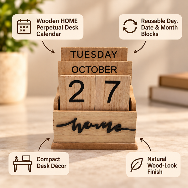 HOME Wooden Perpetual Block Desk Calendar features and details