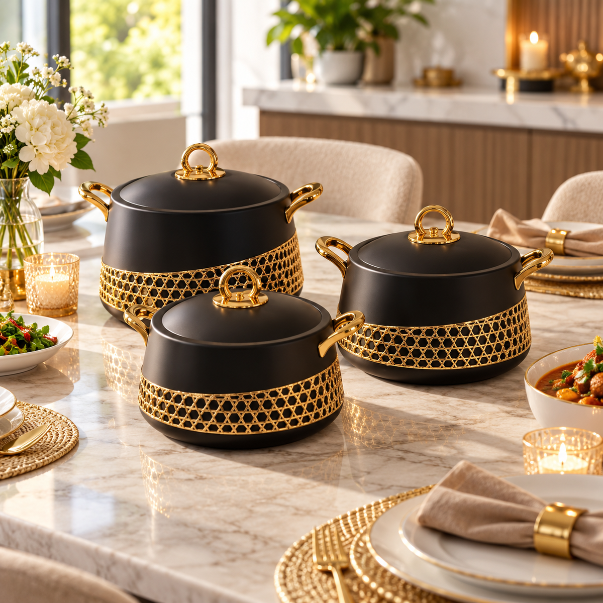 Luxury Manzin 3-Piece Hot Pot Set – Black & Gold premium lifestyle view