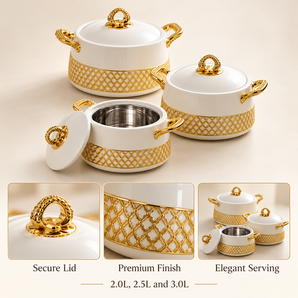 Luxury Manzin 3-Piece Hot Pot Set – White & Gold features and capacity details