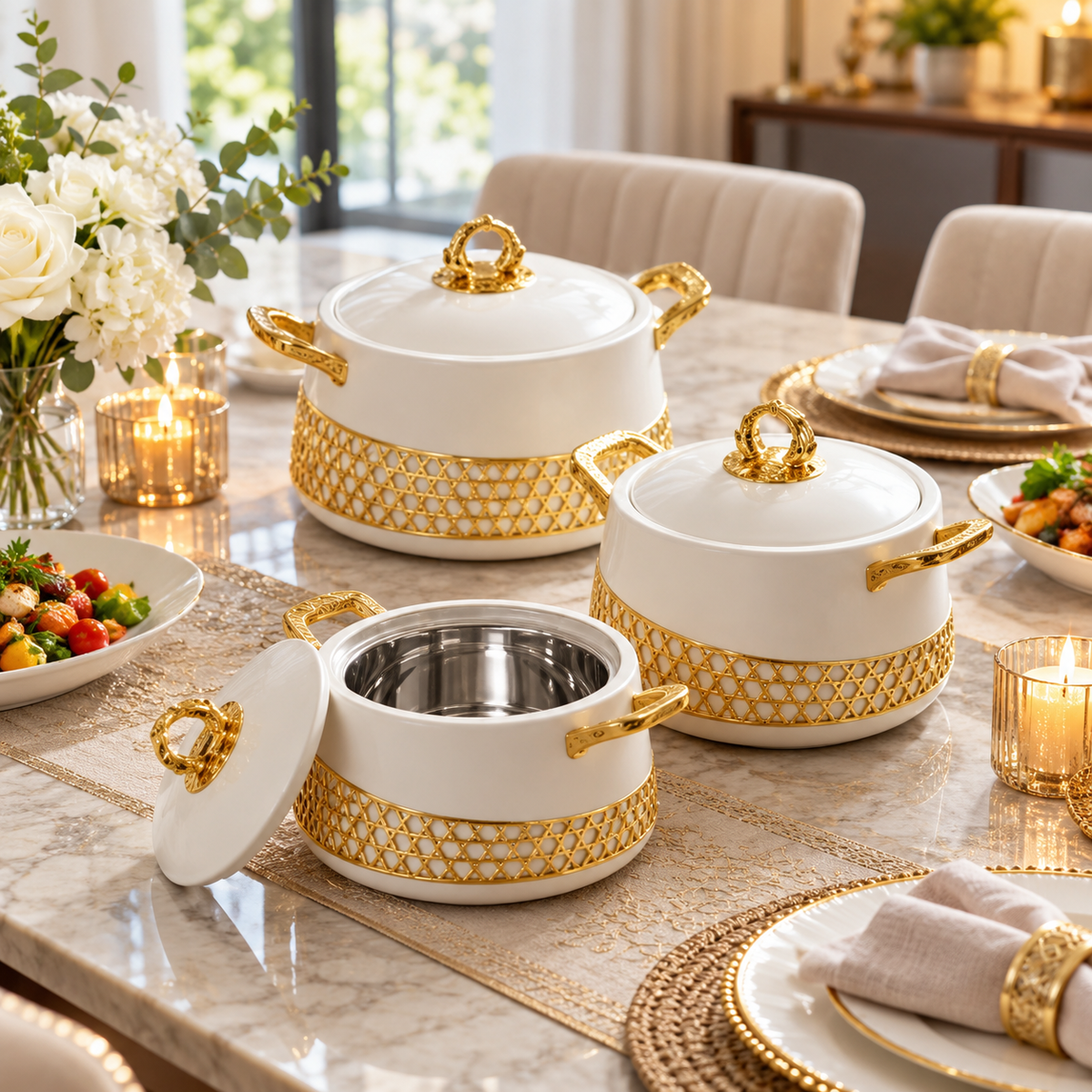 Luxury Manzin 3-Piece Hot Pot Set – White & Gold premium lifestyle view