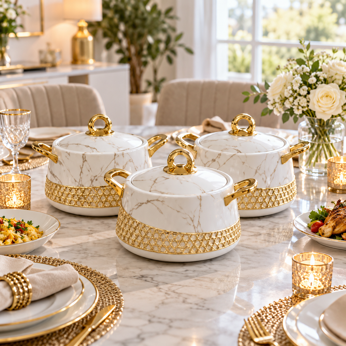 Luxury Manzin 3-Piece Hot Pot Set – White Marble & Gold premium lifestyle view