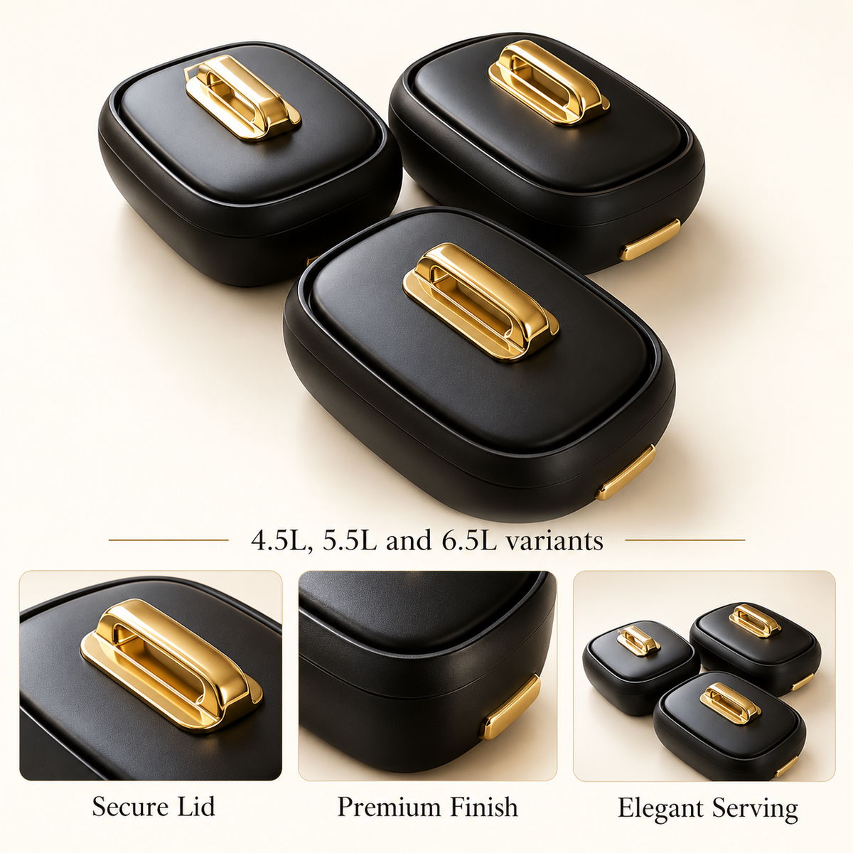 Premium Rectangular Hot Pot – Black & Gold features and capacity details