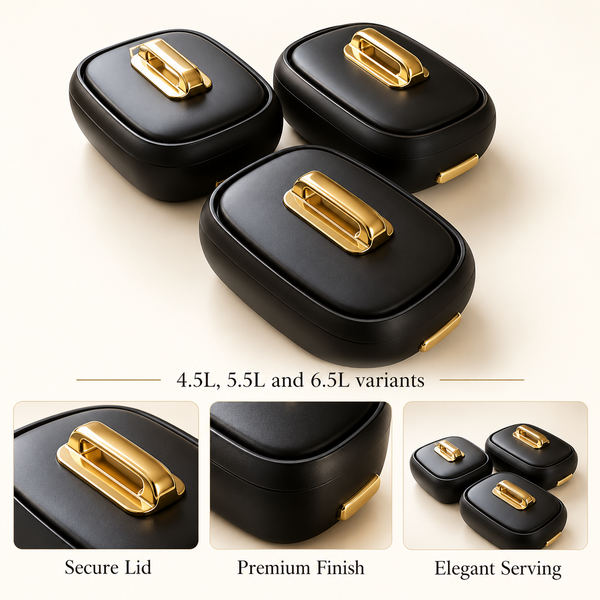 Premium Rectangular Hot Pot – Black & Gold features and capacity details